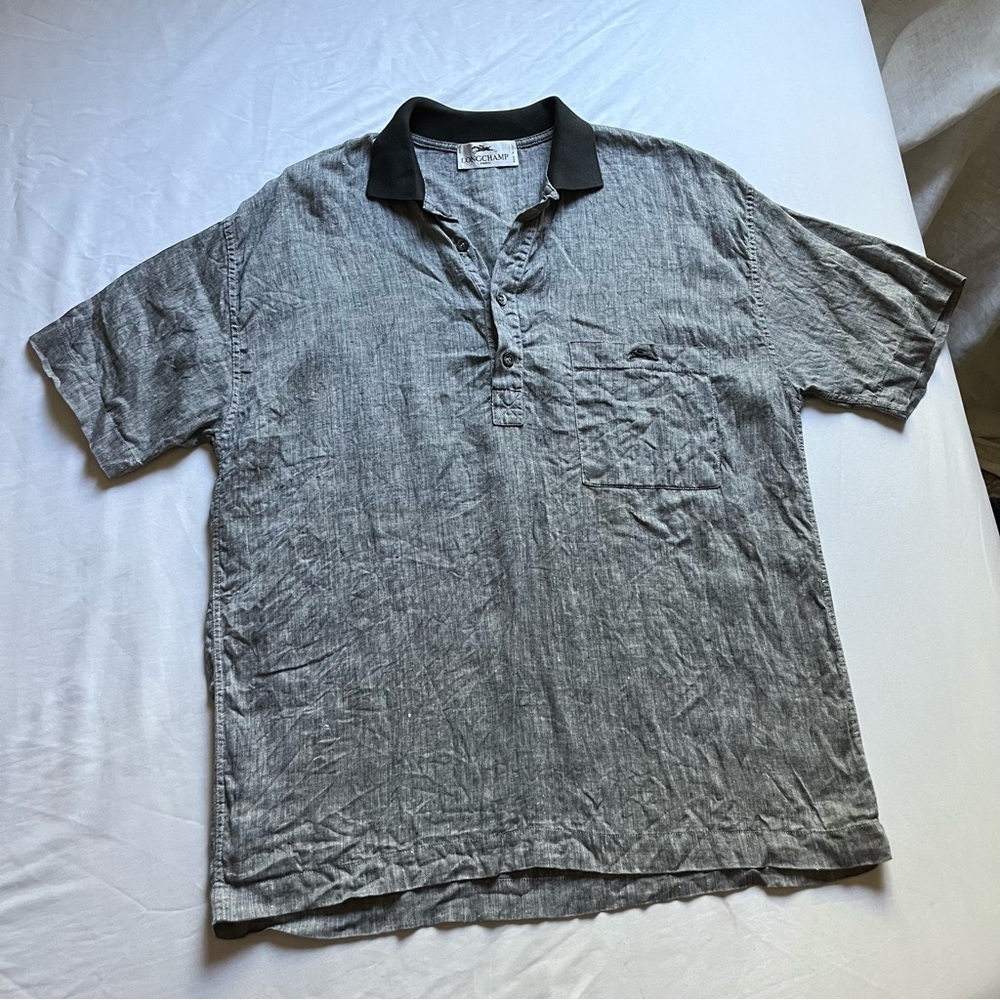 LONGCHAMP vintage grey linen contrast collar short sleeve polo shirt